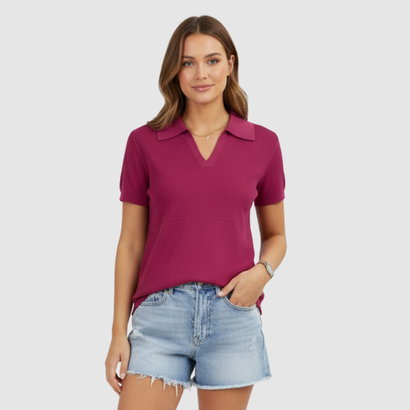 Short Sleeve Polo Design Sweater Top For Women