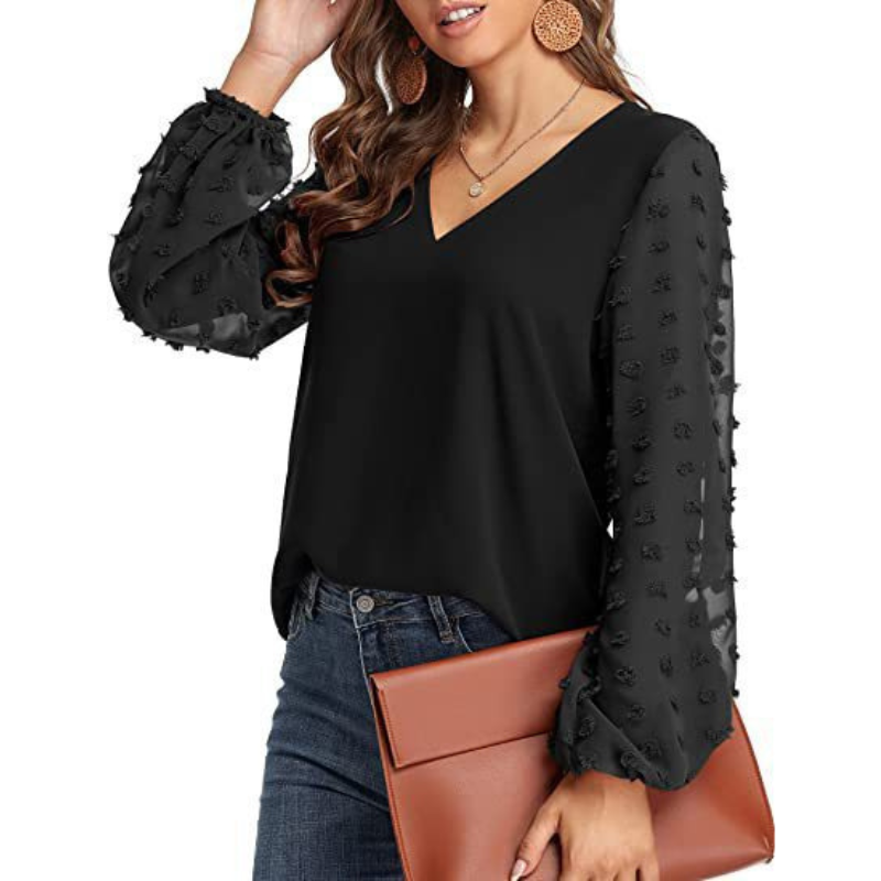 Semi-Formal V-neck Textured Sleeves Blouse-My Comfy Blouse