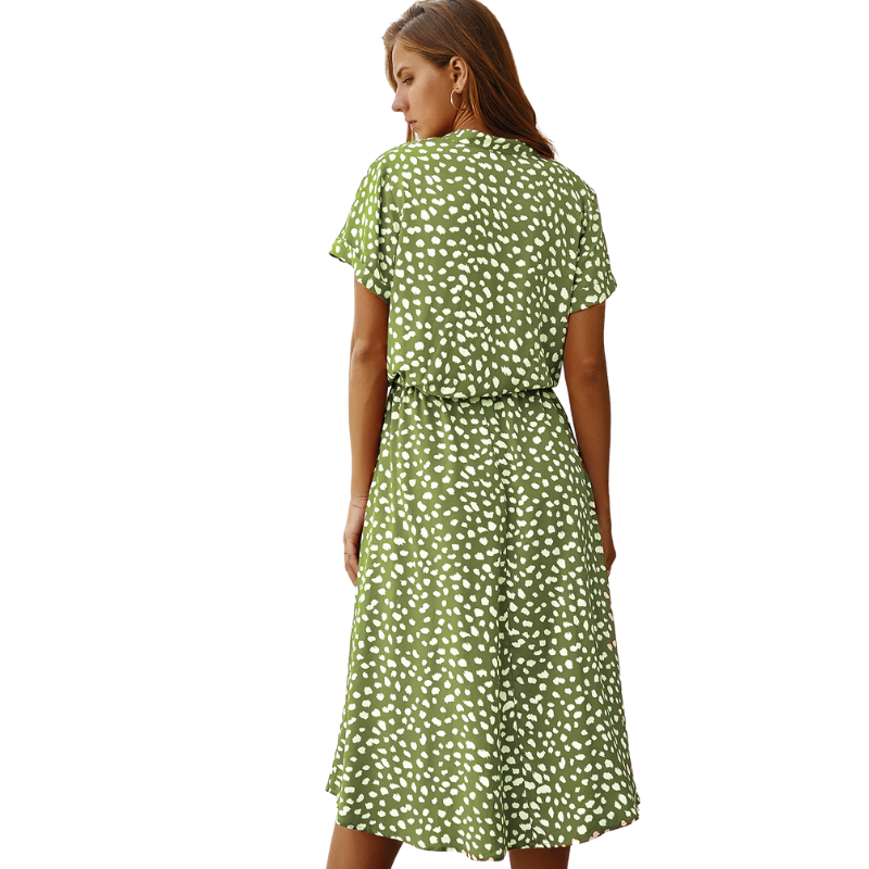 Shirt Collar Waist Tie Dot Print Maxi Dress-My Comfy Blouse