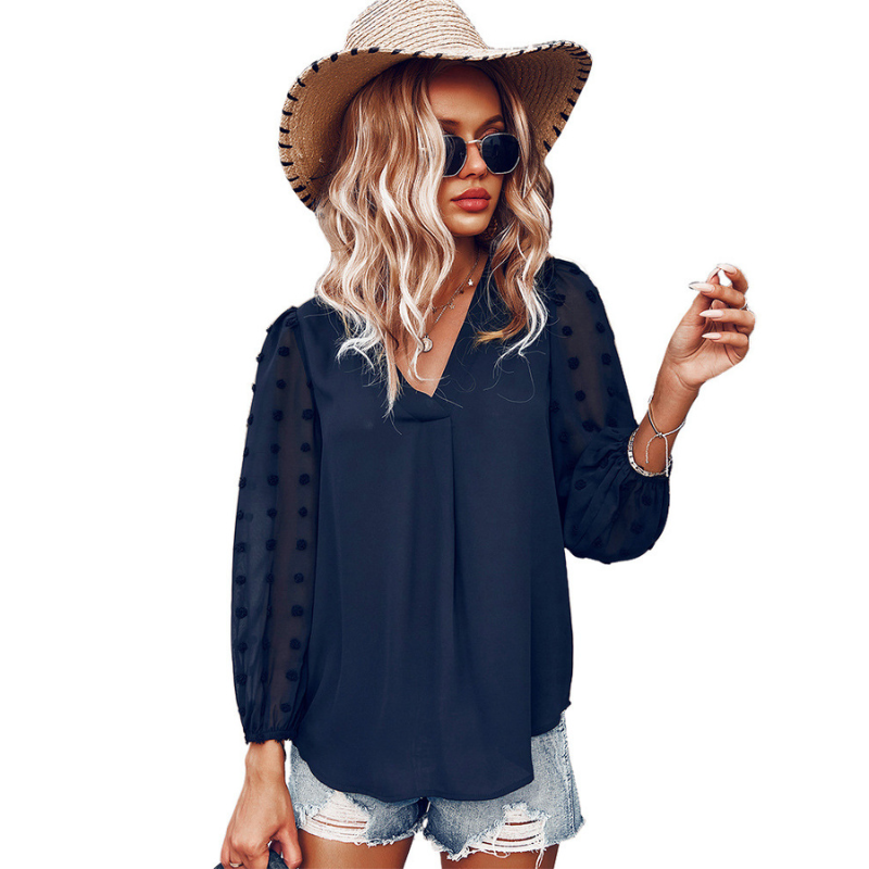 Textured Full Sleeves V-Neck Semi Formal Blouse-My Comfy Blouse