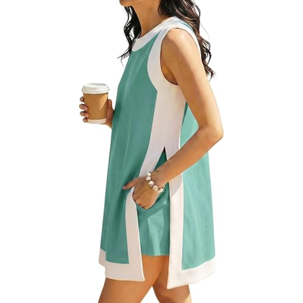 2 Piece Casual Color Block Shorts Set With Pockets For Women
