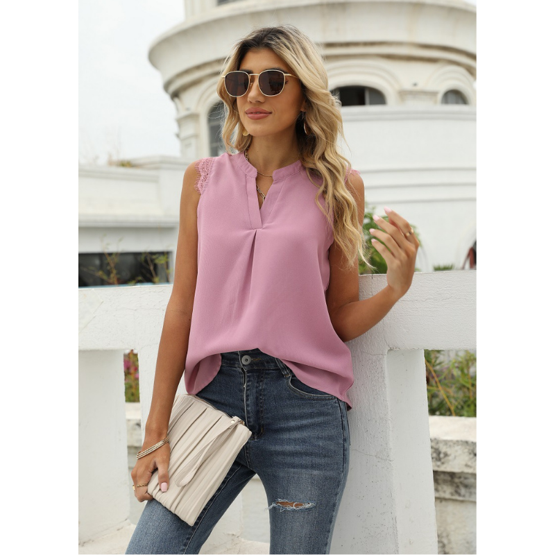 Lace Cap Sleeves V Neck Blouse-My Comfy Blouse