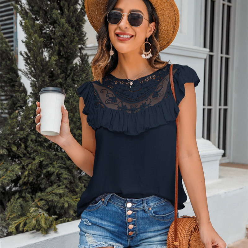 Flounce Lace Neck Design Sleeves Less Blouse-My Comfy Blouse