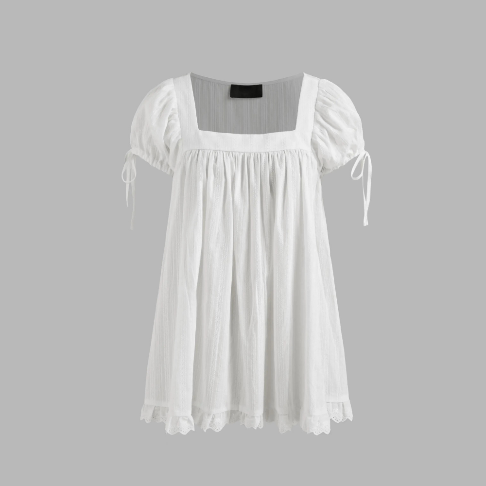 Flared Ruffle Short Sleeve Cotton Babydoll Mini Dress