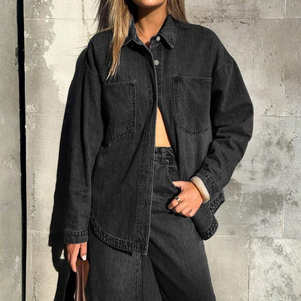 Casual Denim Shirt With Front Button Closure And Dual Pockets For Women