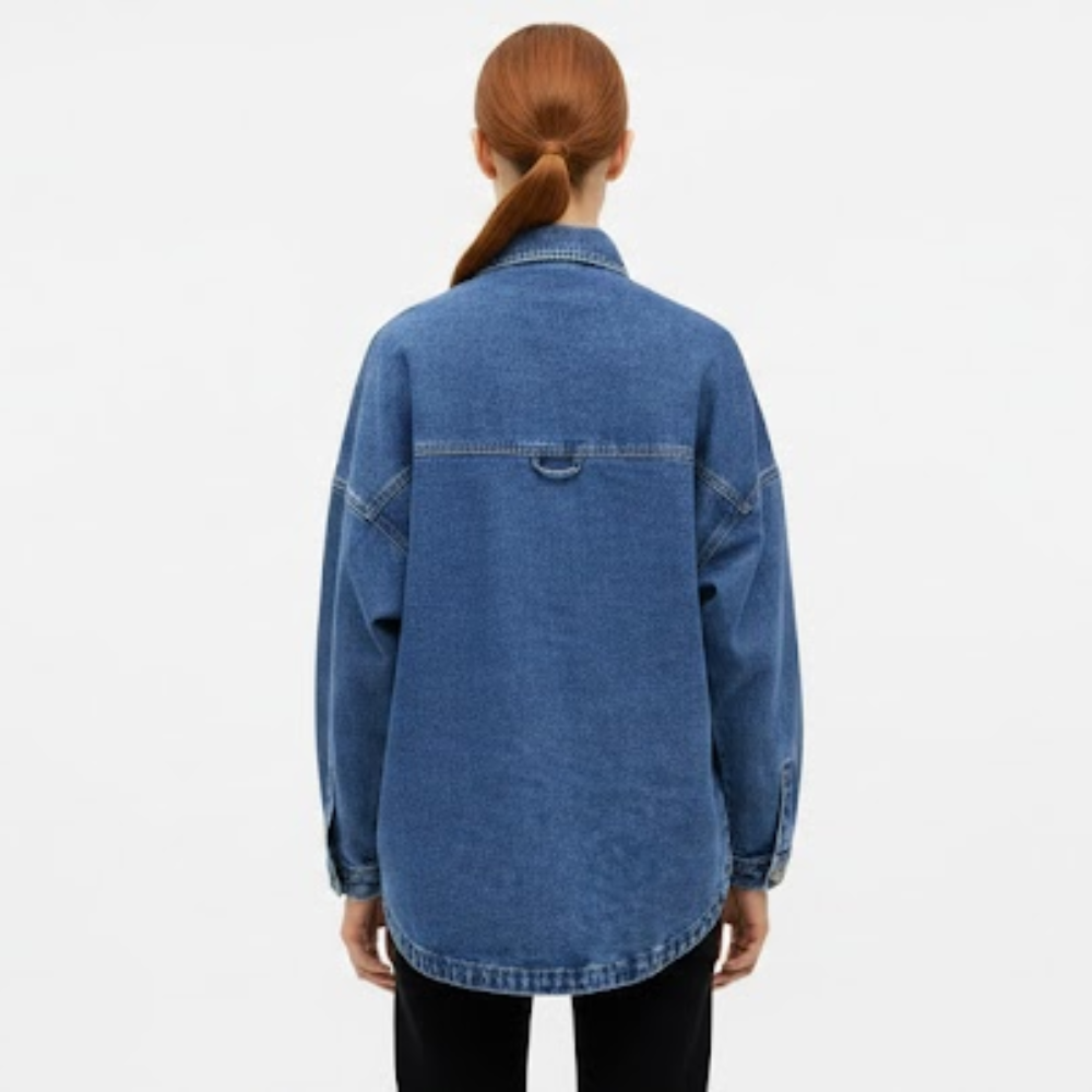 Casual Denim Shirt With Front Button Closure And Dual Pockets For Women