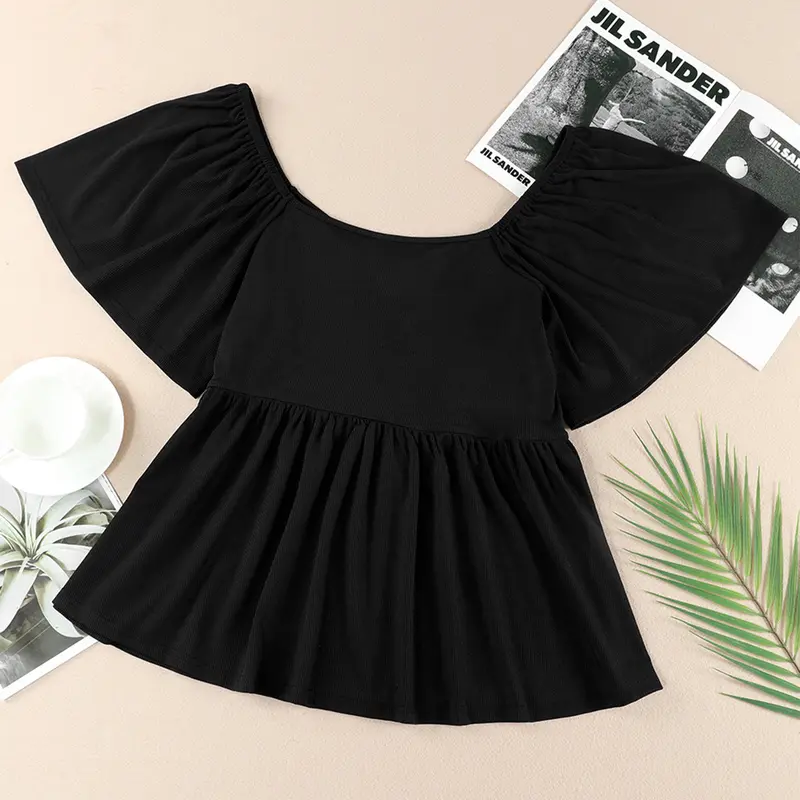 Plus Size Short Sleeves Shirred Peplum Blouse Top For Women