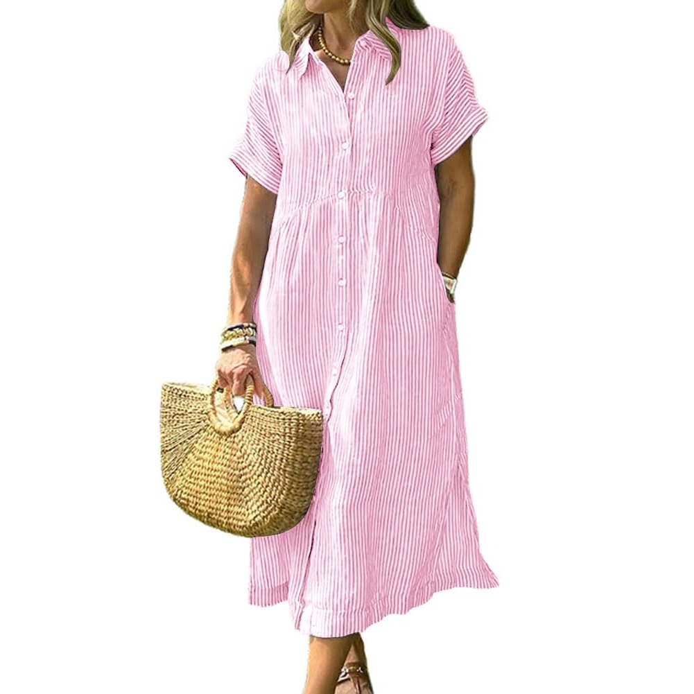 Summer Striped Button Down Midi Shirt Dress