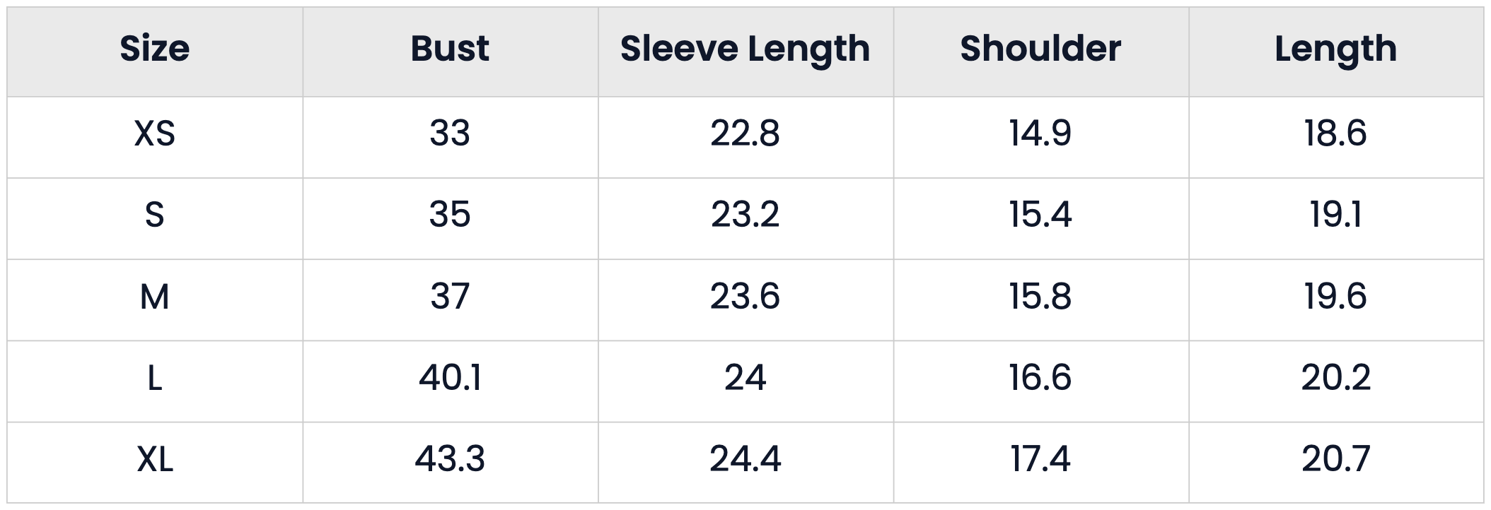 Size Chart for Cropped Faux Fur Wedding Bolero Jacket for Women