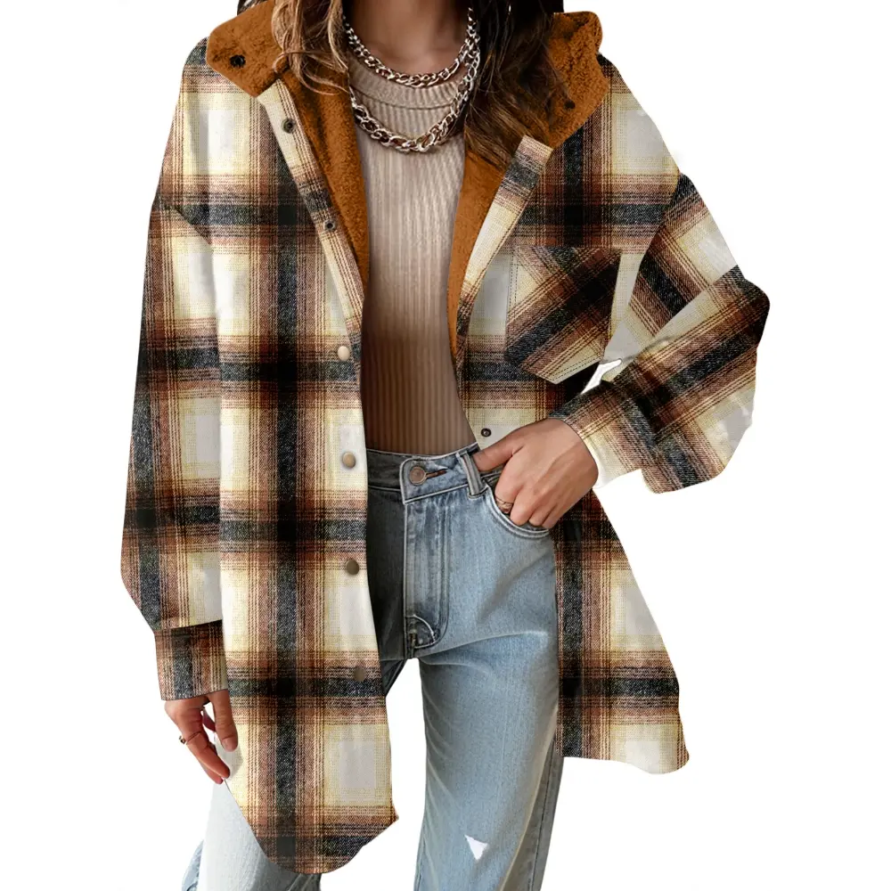 Casual Button Down Plaid Fleece Jacket With Hood For Women