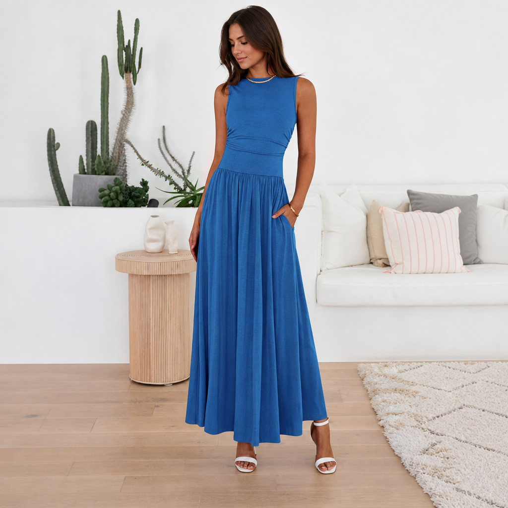 Casual Sleeveless Ruched High Rise Long Dress For Women