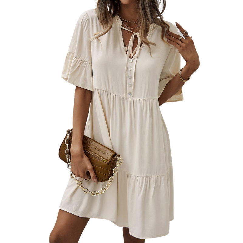 Semi Collar Flared Short Sleeves Midi Drees-My Comfy Blouse