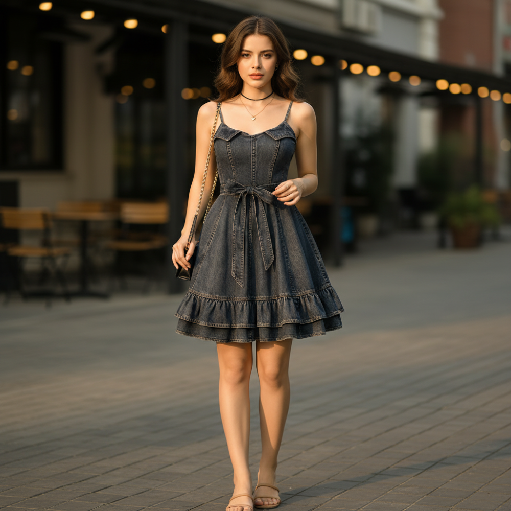 Denim Contrast Stitch Flare Dress For Women
