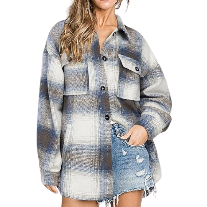 Women’s Plaid Flannel Shacket – Cozy Long Sleeve Button Down Shirt Jacket with Pockets for Fall