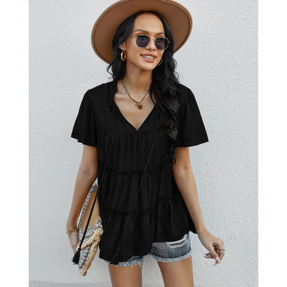 Frill Trim Tassel Tie Flutter Sleeve Top-My Comfy Blouse