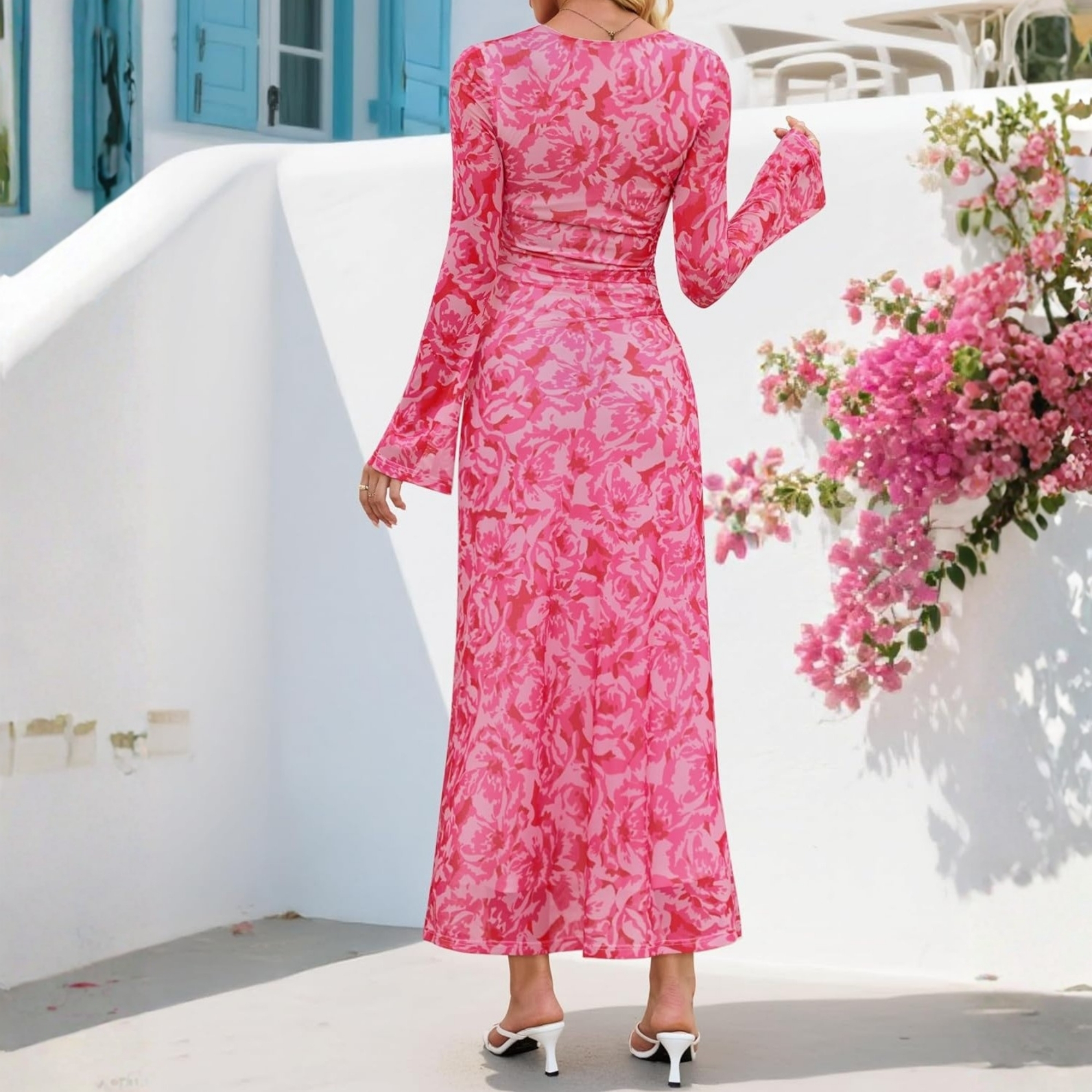Spring Fall Floral Ruched Mesh Maxi Dress