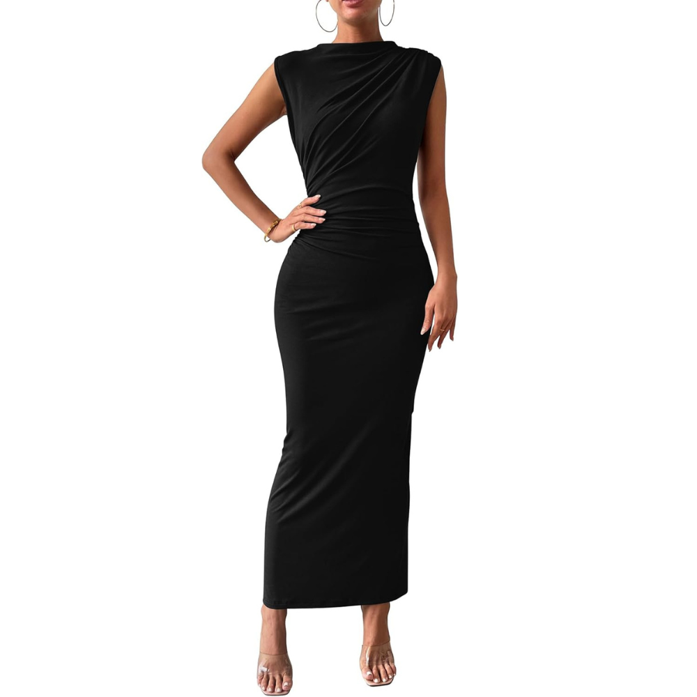 Ruched Sleeveless Bodycon Maxi Dress for Wedding Guests