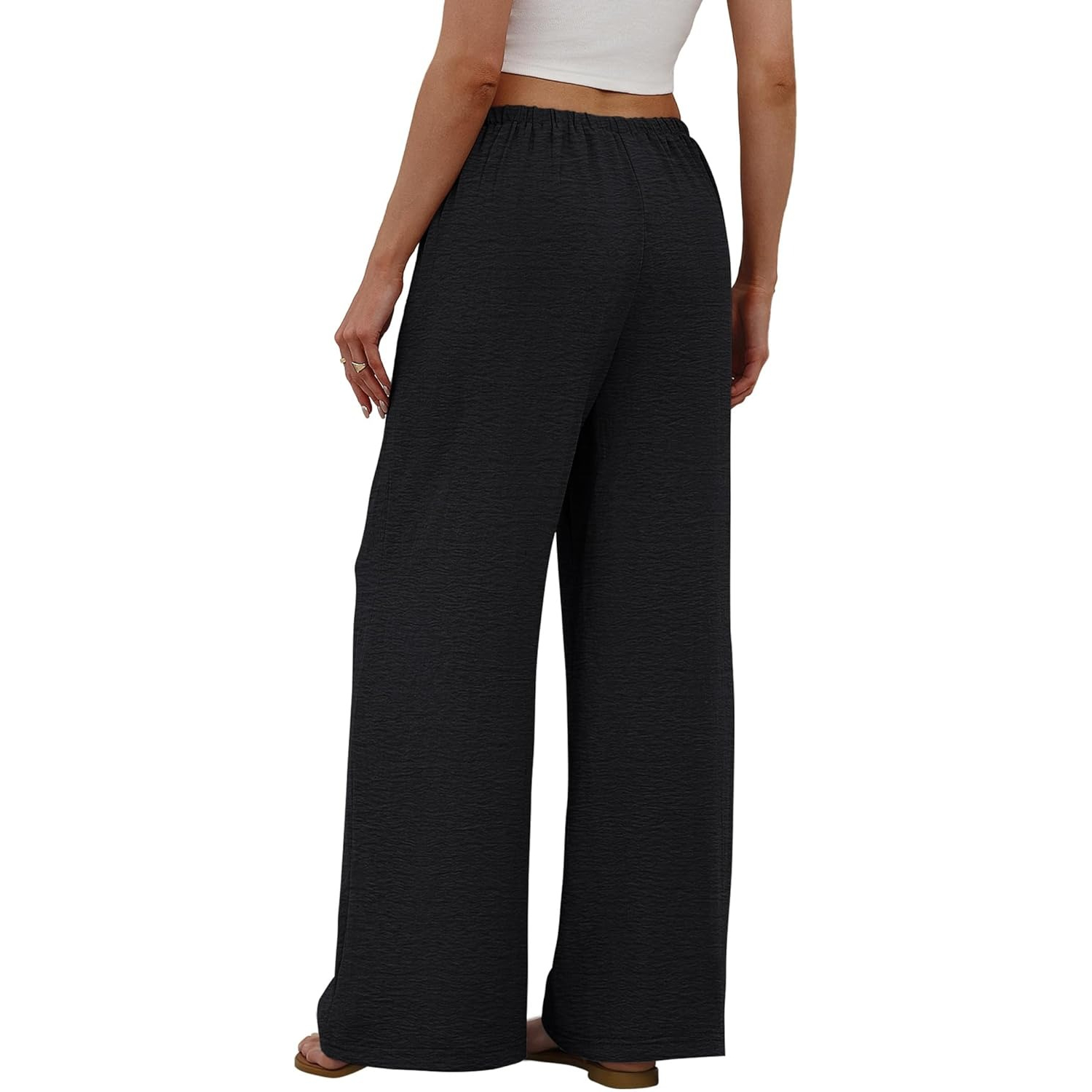 Wide Pants for Women Flowy Palazzo Drawstring Elastic Trousers with Pockets Summer Beach Vacation Clothes