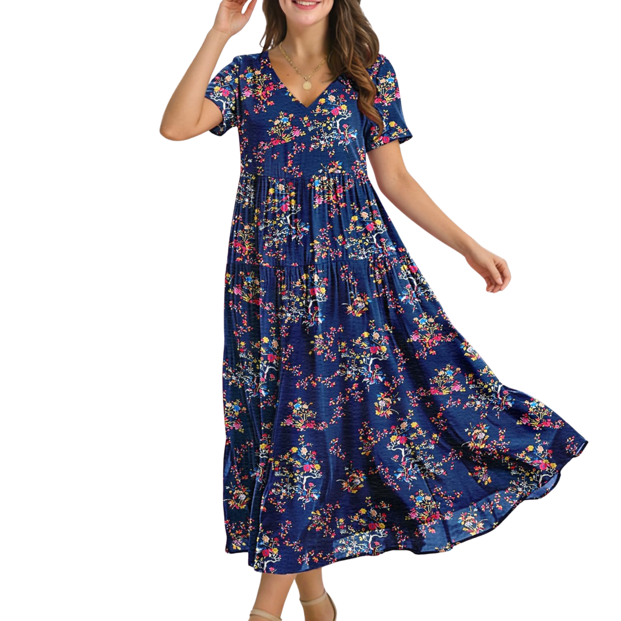 Floral V Neck Boho Maxi Swing Dress with Pockets