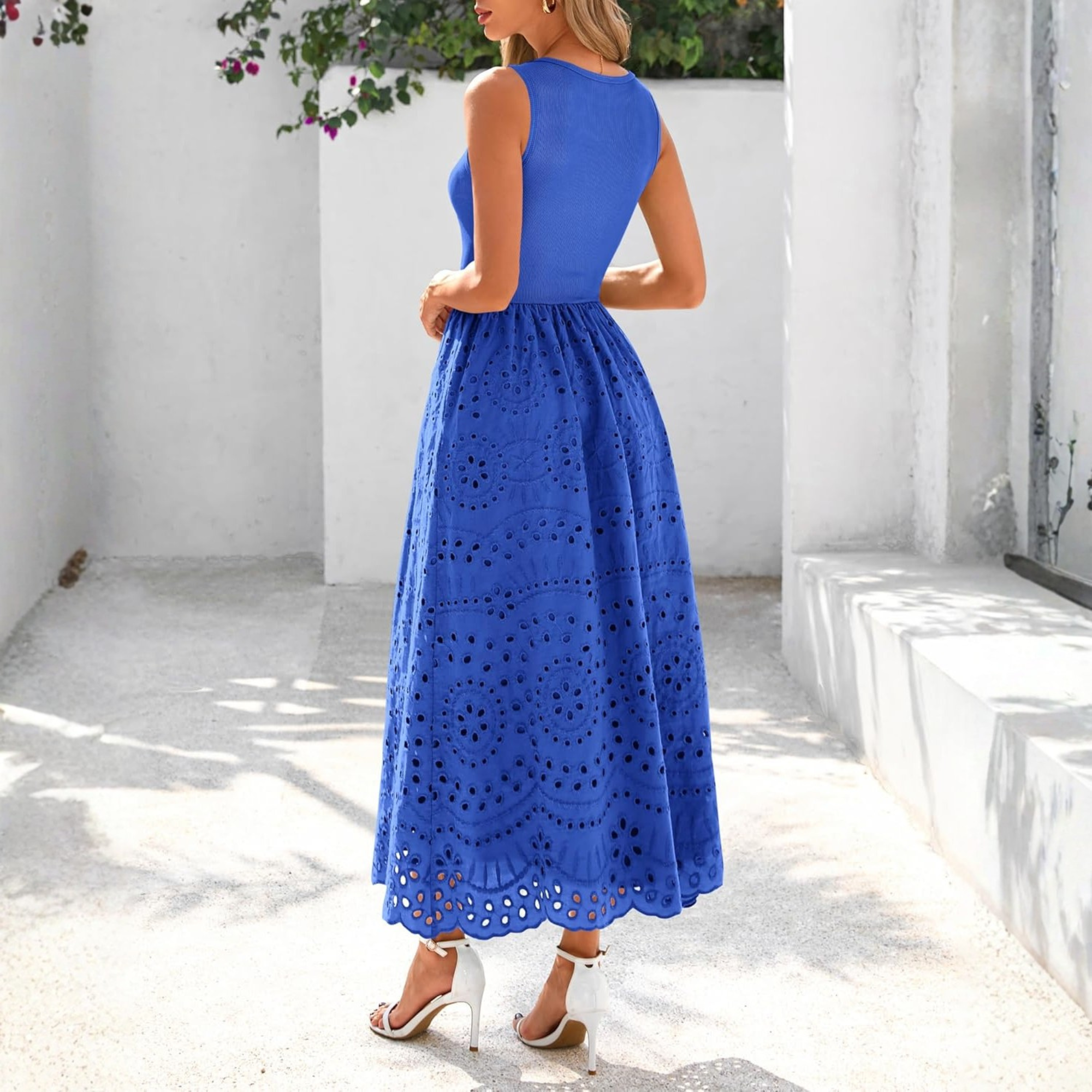 Sleeveless Eyelet Cotton Tank Maxi Dress with Pockets