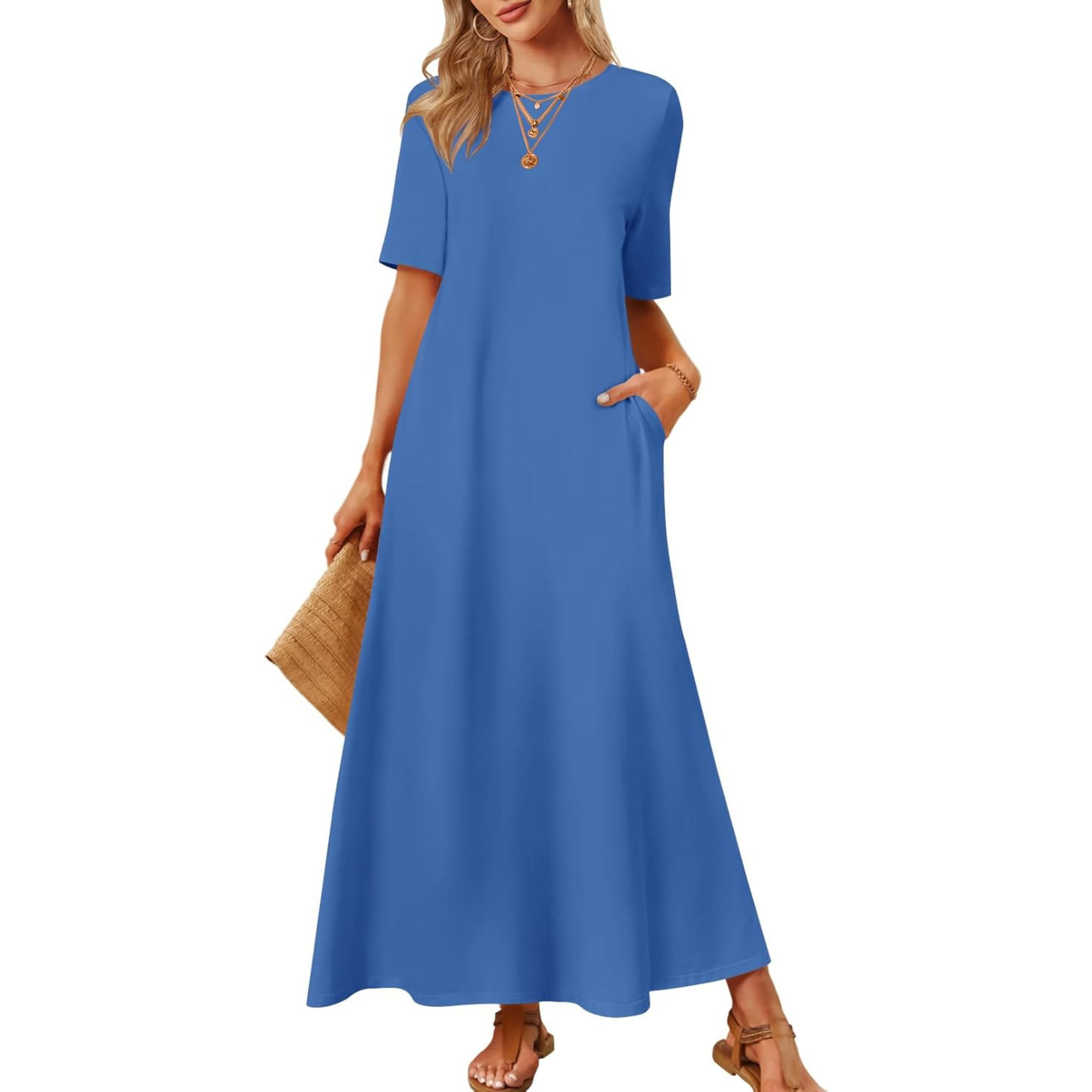 Women Summer Vacation Maxi T Shirt Dress With Pockets