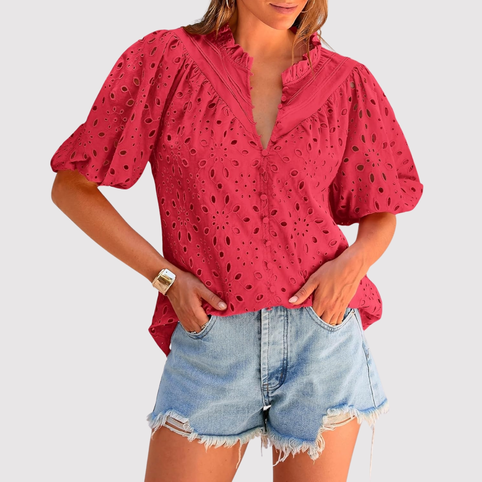 Eyelet Embroidery Sleeve Button Front Style Puff Top 