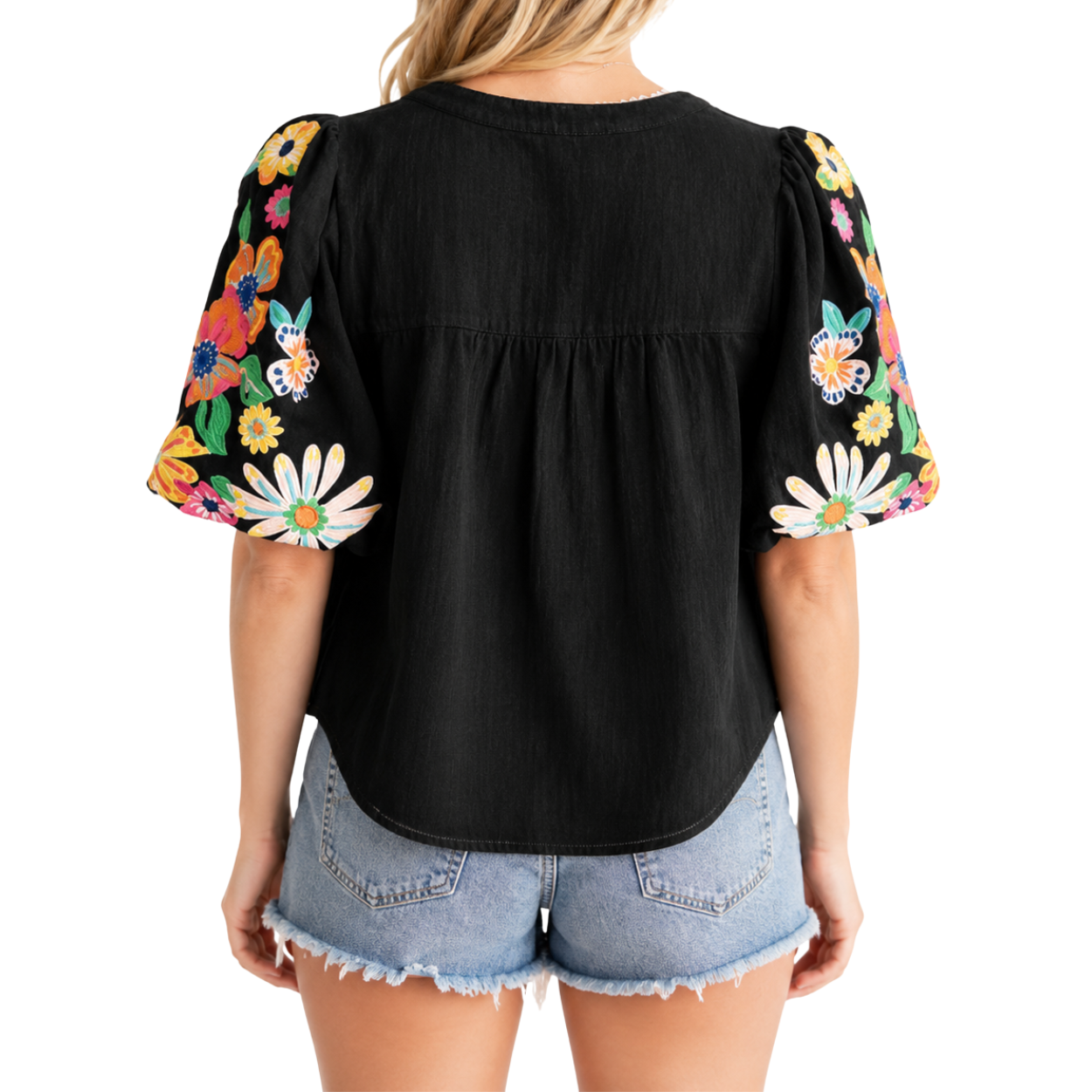 Casual Embroidered Tops V Floral Short Puff Sleeve 