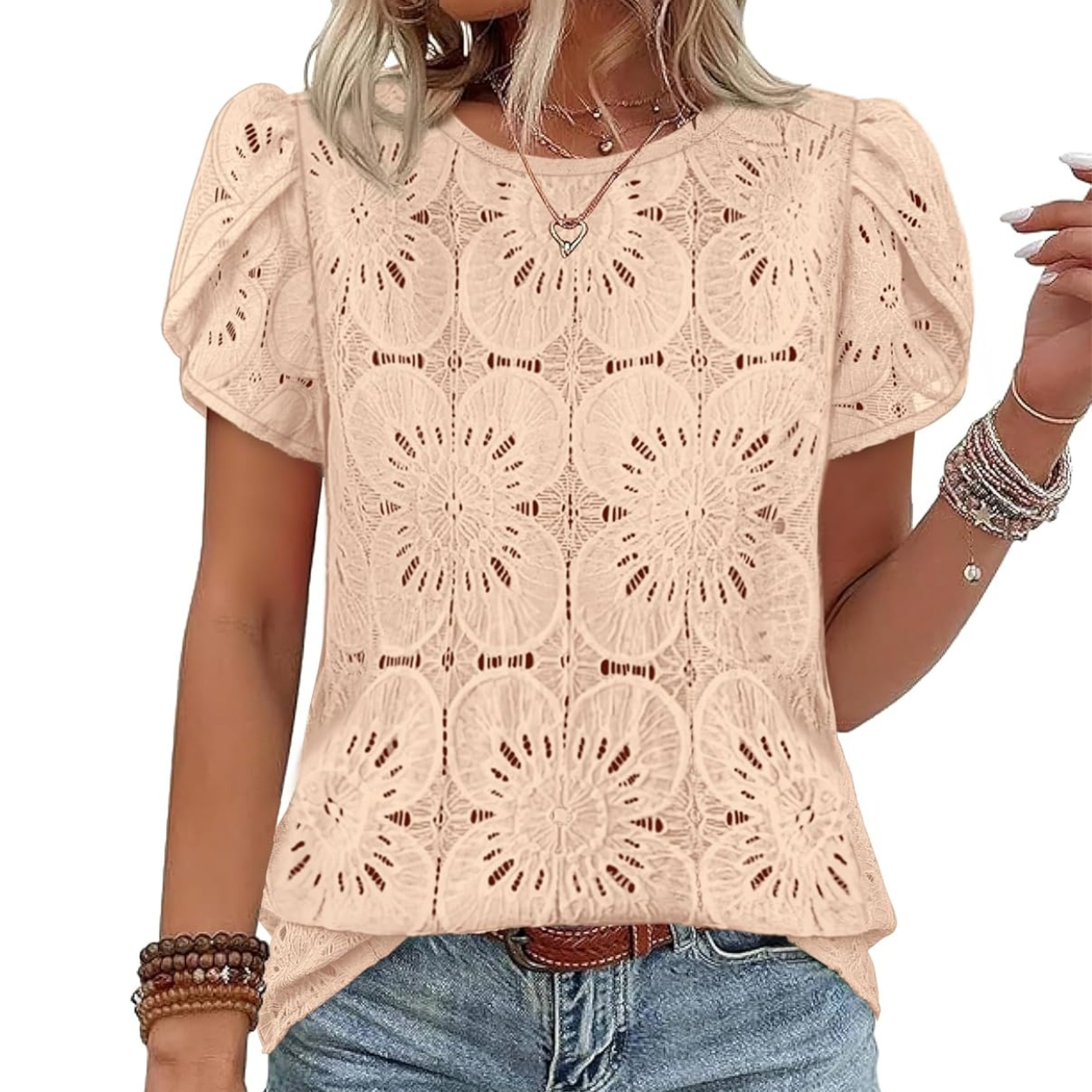Casual Crochet Petal Short Sleeve Shirt Blouse For Women