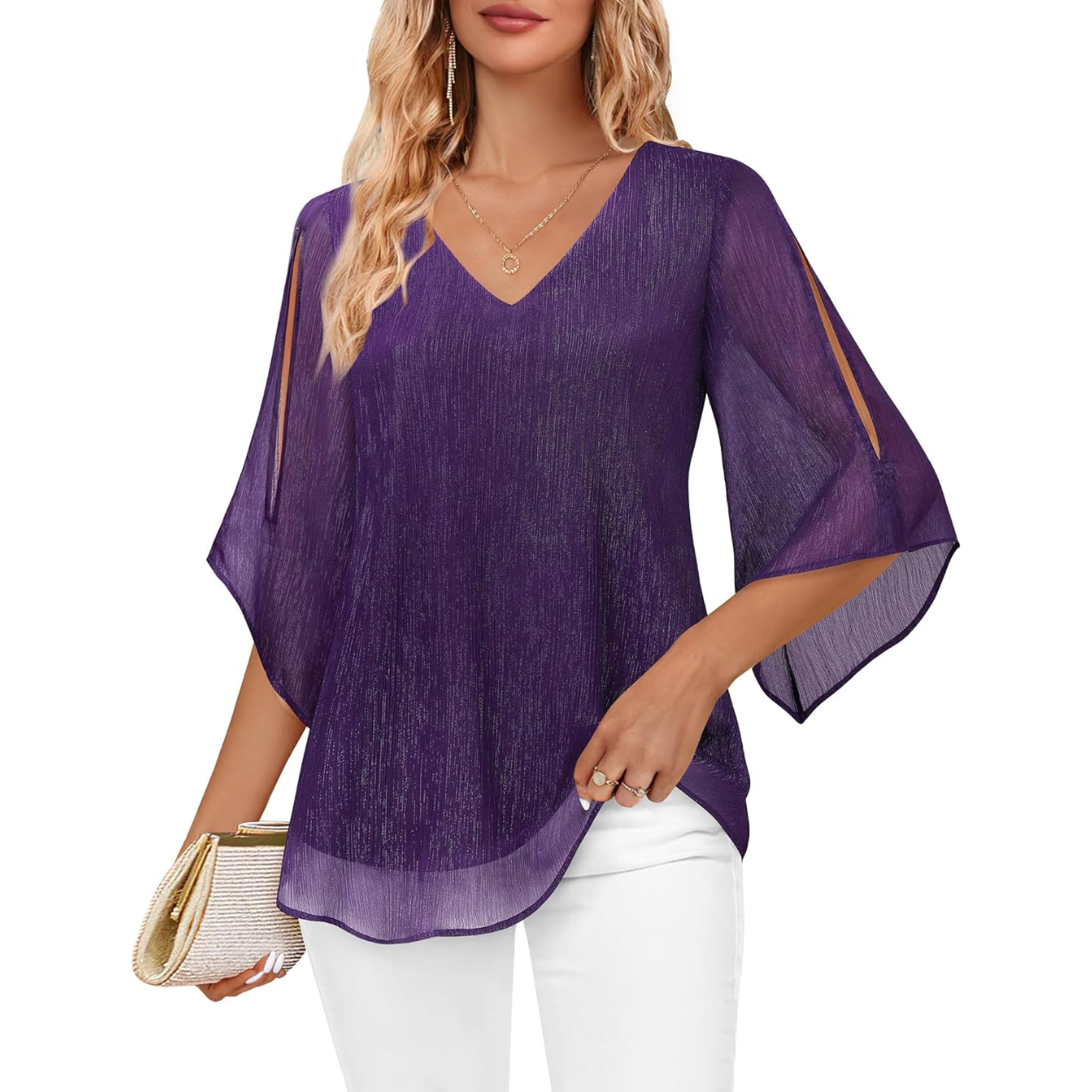 Ruffle Chiffon Sleeve Double Layers Tunic Tops
