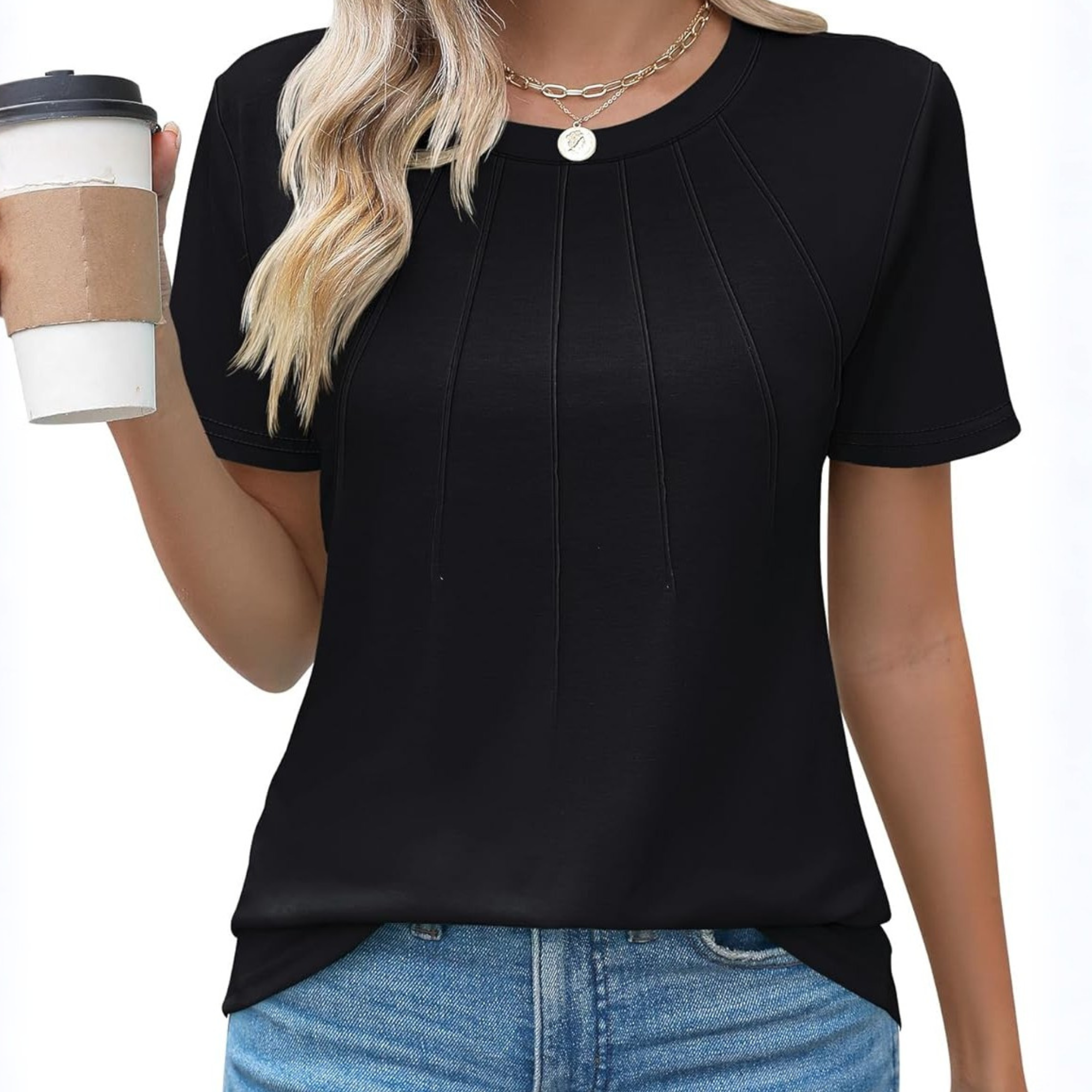  Womens Fashion Casual Crew Short Sleeve Pleated Tops Blouses 