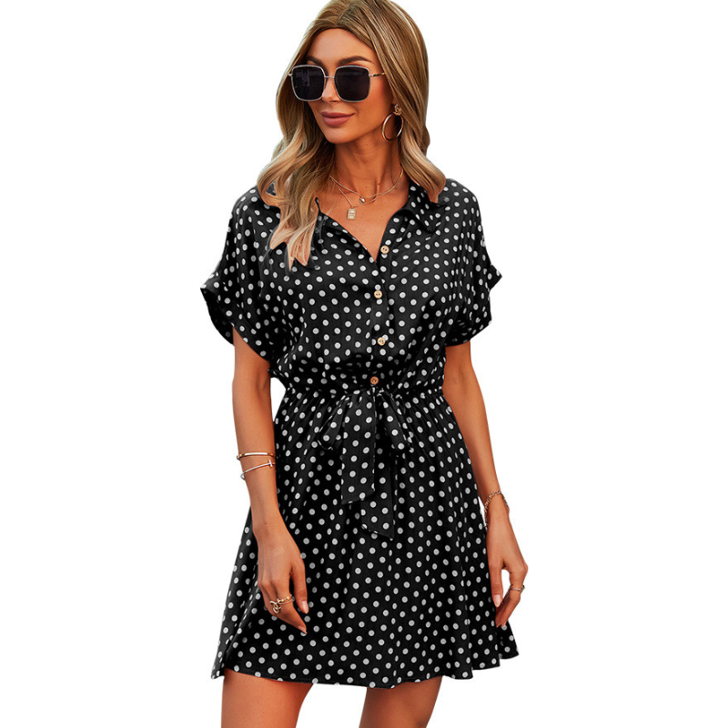 Polka Dots Knee Length Waist Belt Tie Dress-My Comfy Blouse