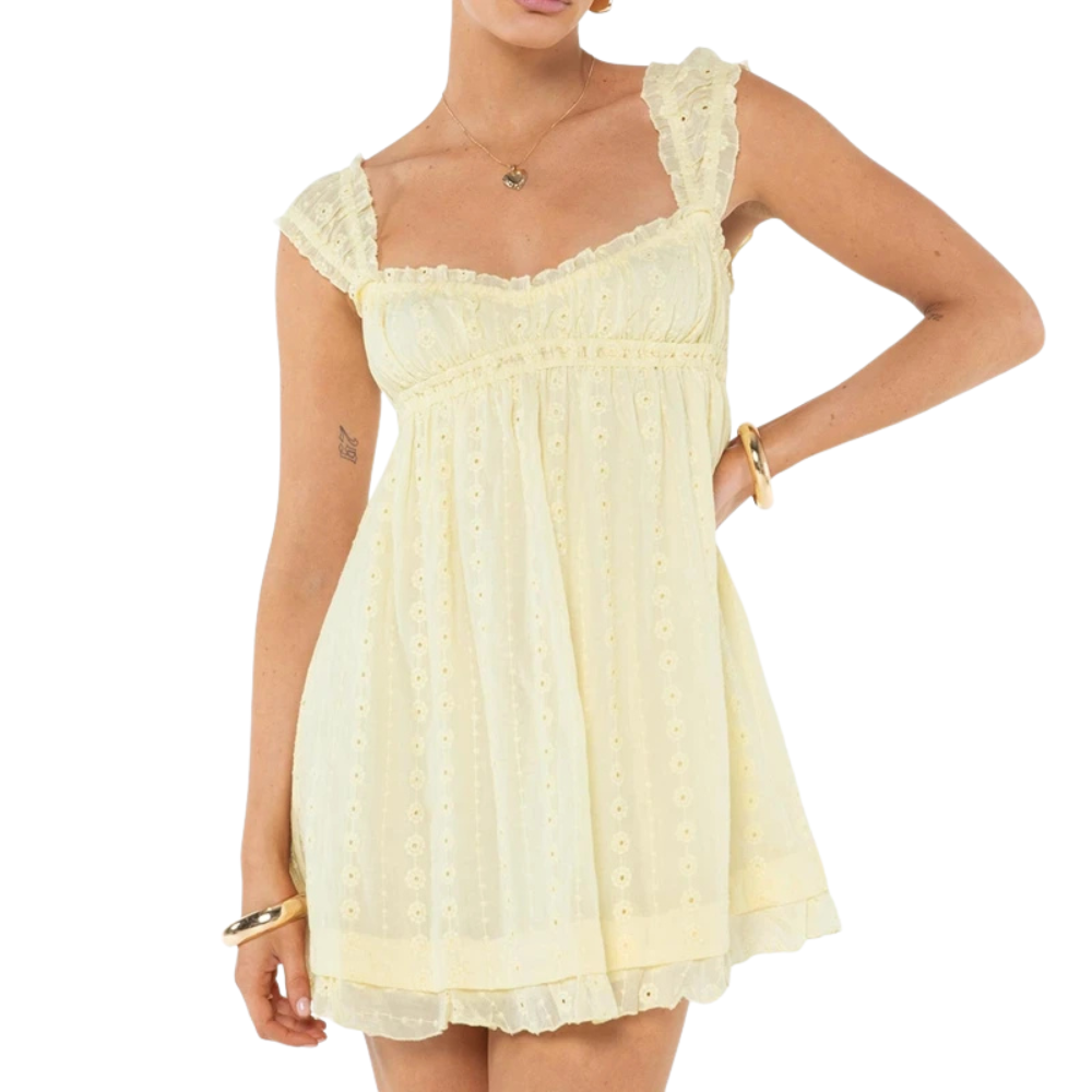 Square Design A Line Ruffle Hem Dress With Vintage Lace Detail For Women