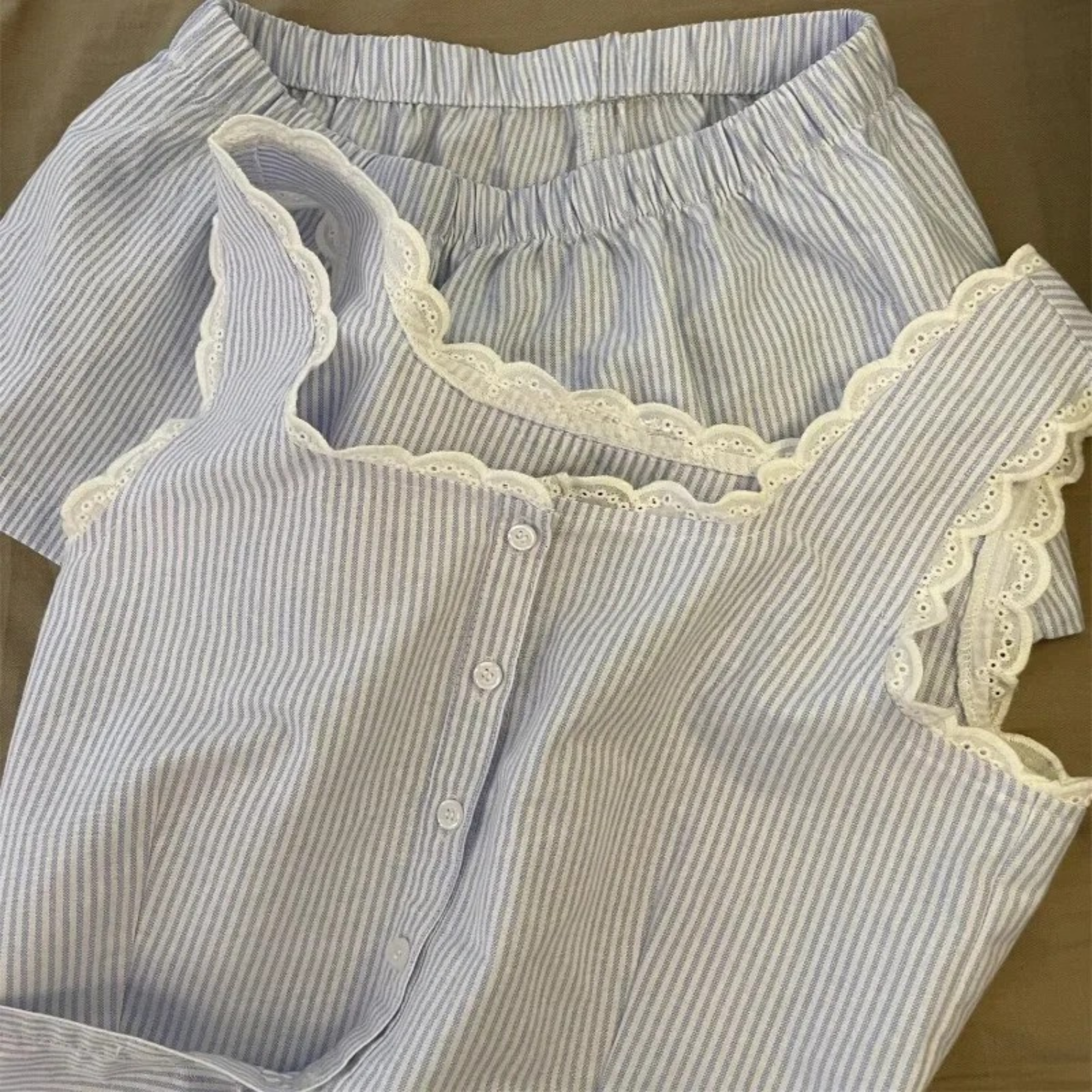 2 Piece Pajama Set With Lace Trim And Striped Nightwear For Women