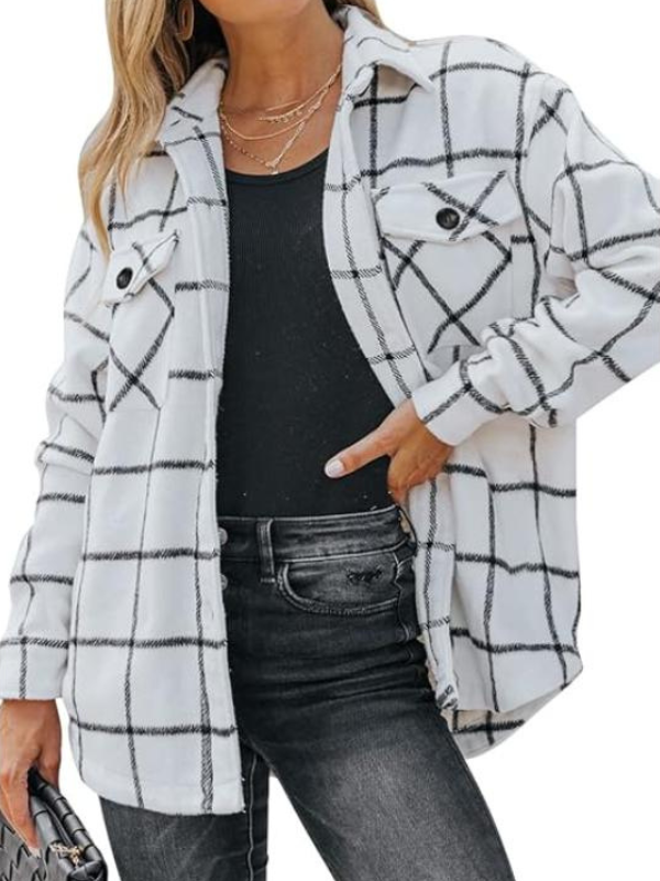 Women Plaid Pattern Jacket With Collared Design-My Comfy Blouse