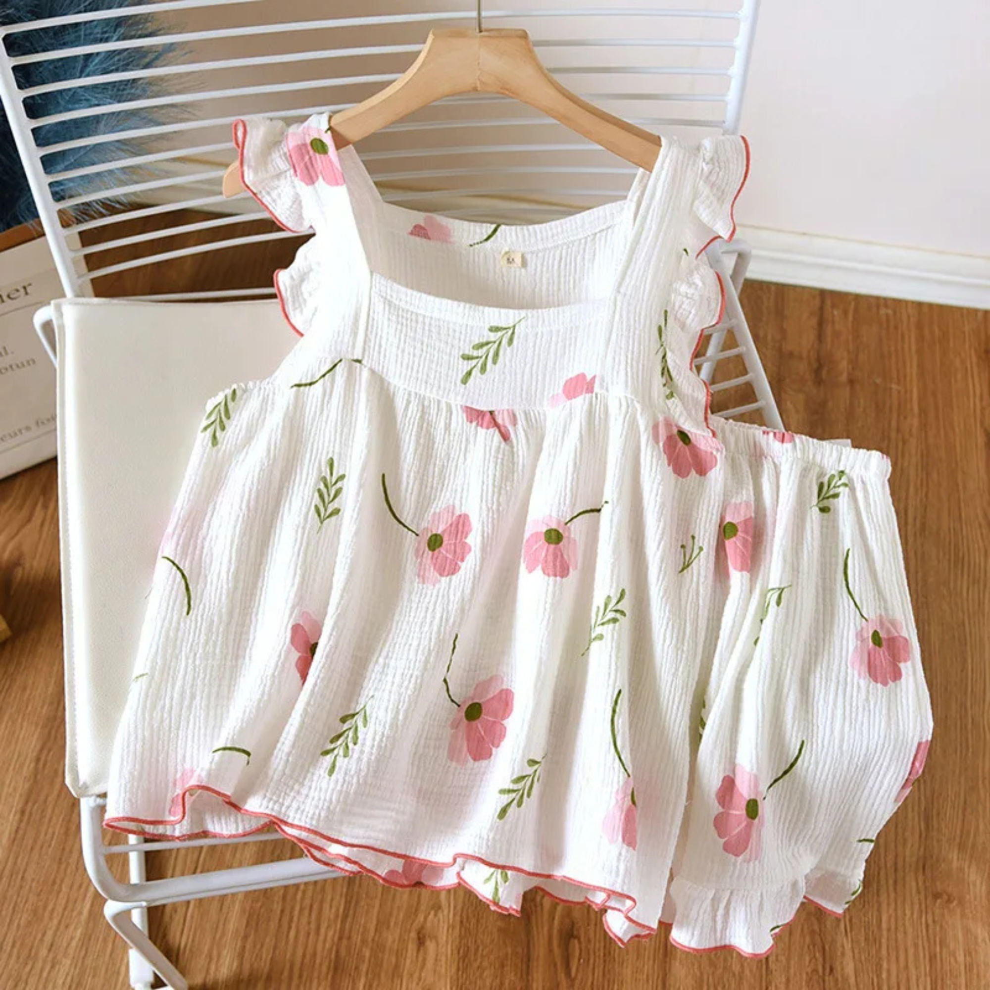2 Piece Pajama Set With Checked Design And Ruffle Sleeves For Women