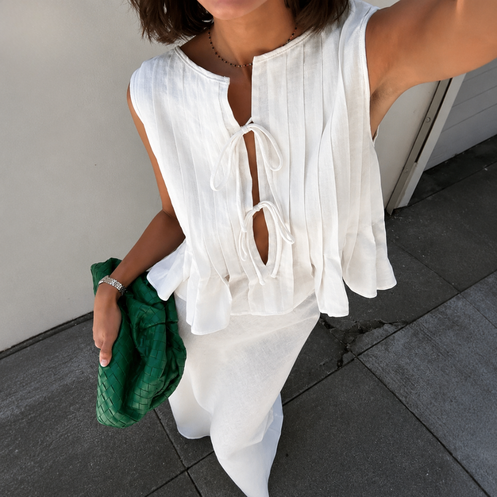 Sleeveless Lace Up Pleated Shirts With Long Skirt 2 Piece Outfit Set For Women