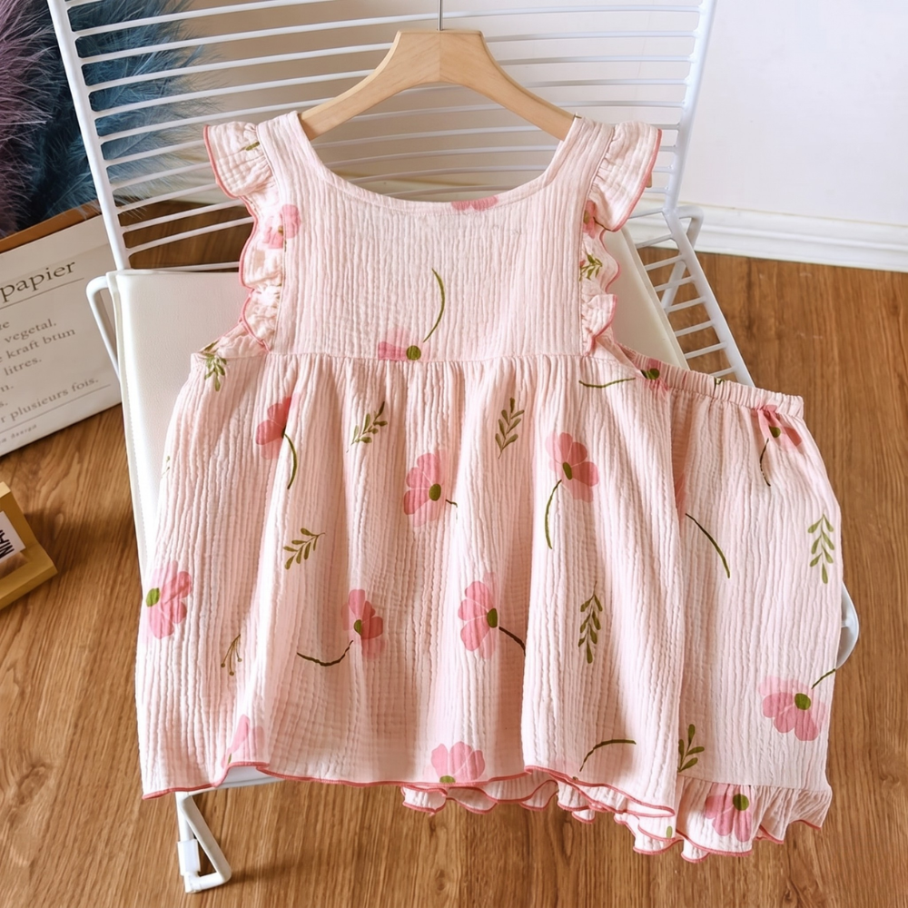 2 Piece Of Sleeveless Printed Tank Top And Shorts Pajama Set With Ruffle Trim