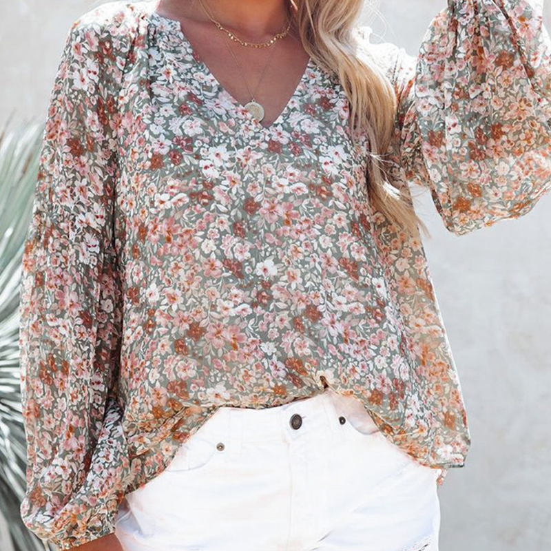 Floral Print Lantern Sleeves Shirt-My Comfy Blouse
