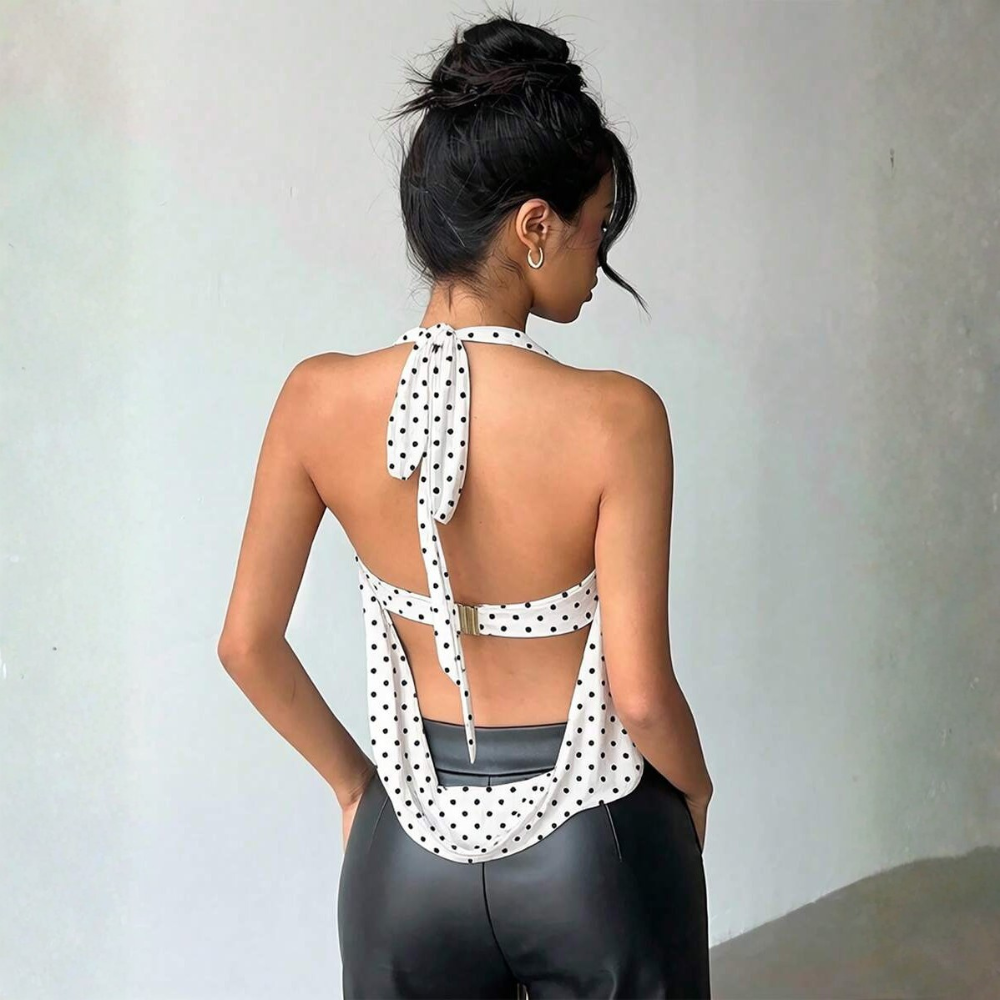 Tank Top Polka Dot Print Draped Neck Tie For Women