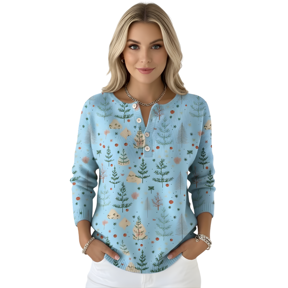 Christmas Tree Print Blouse For Women With Buttons And Floral Accents-My Comfy Blouse