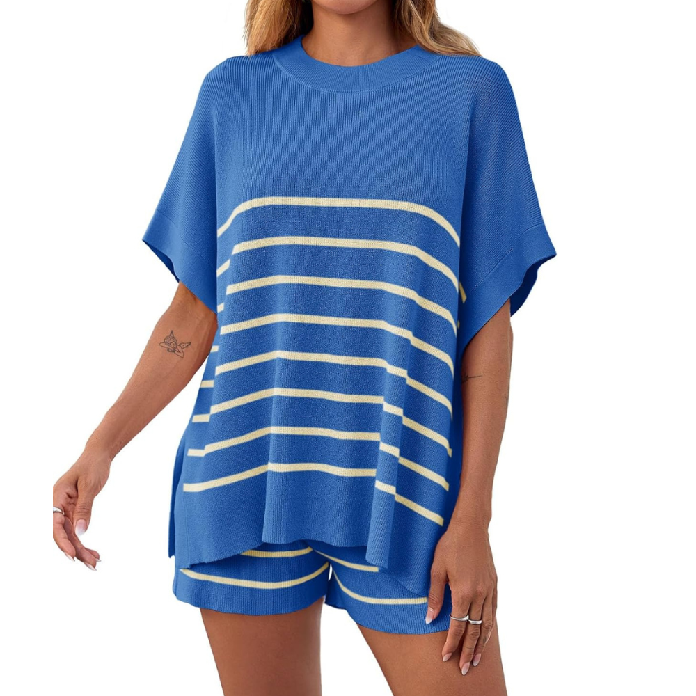 Striped Knit Top And Shorts Set For Women