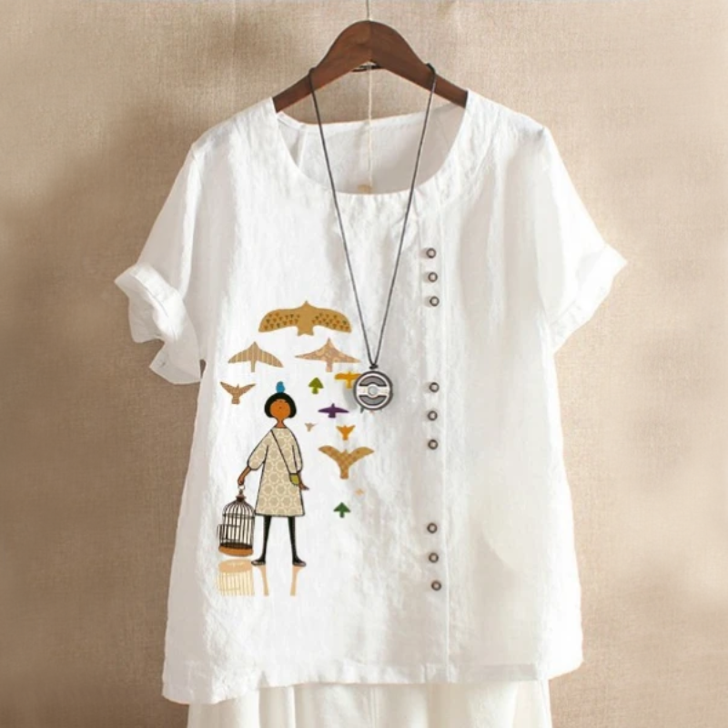 Girl Patch Button Summer Blouse-My Comfy Blouse