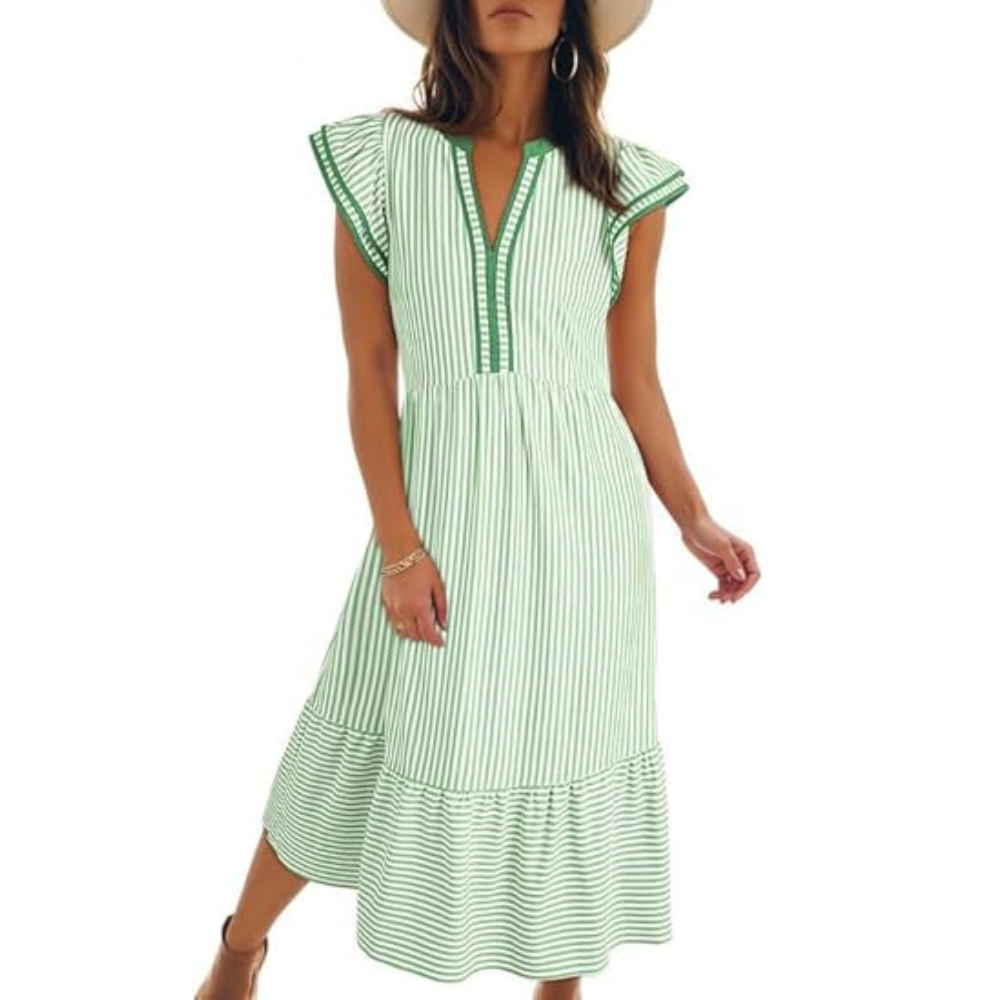 Summer Striped Ruffle Sleeve Midi Dress With Pockets