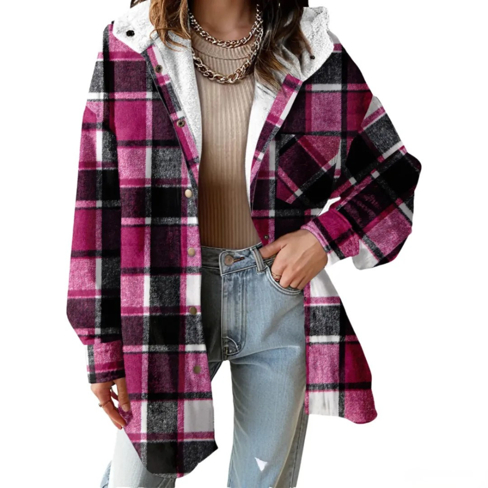 Casual Button Down Plaid Fleece Jacket With Hood For Women