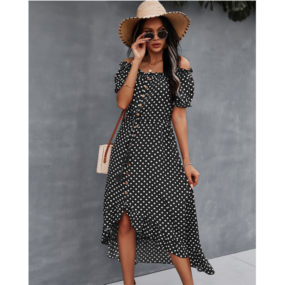 Off-Shoulder Polka Dot High Low Ruffle Hem Dress-My Comfy Blouse
