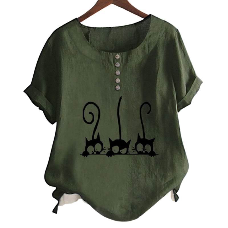 Fashion Cat Print Crewneck Blouse-My Comfy Blouse