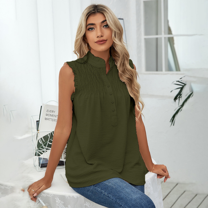 High Collar Button Ruffled Sleeves Less Blouse-My Comfy Blouse