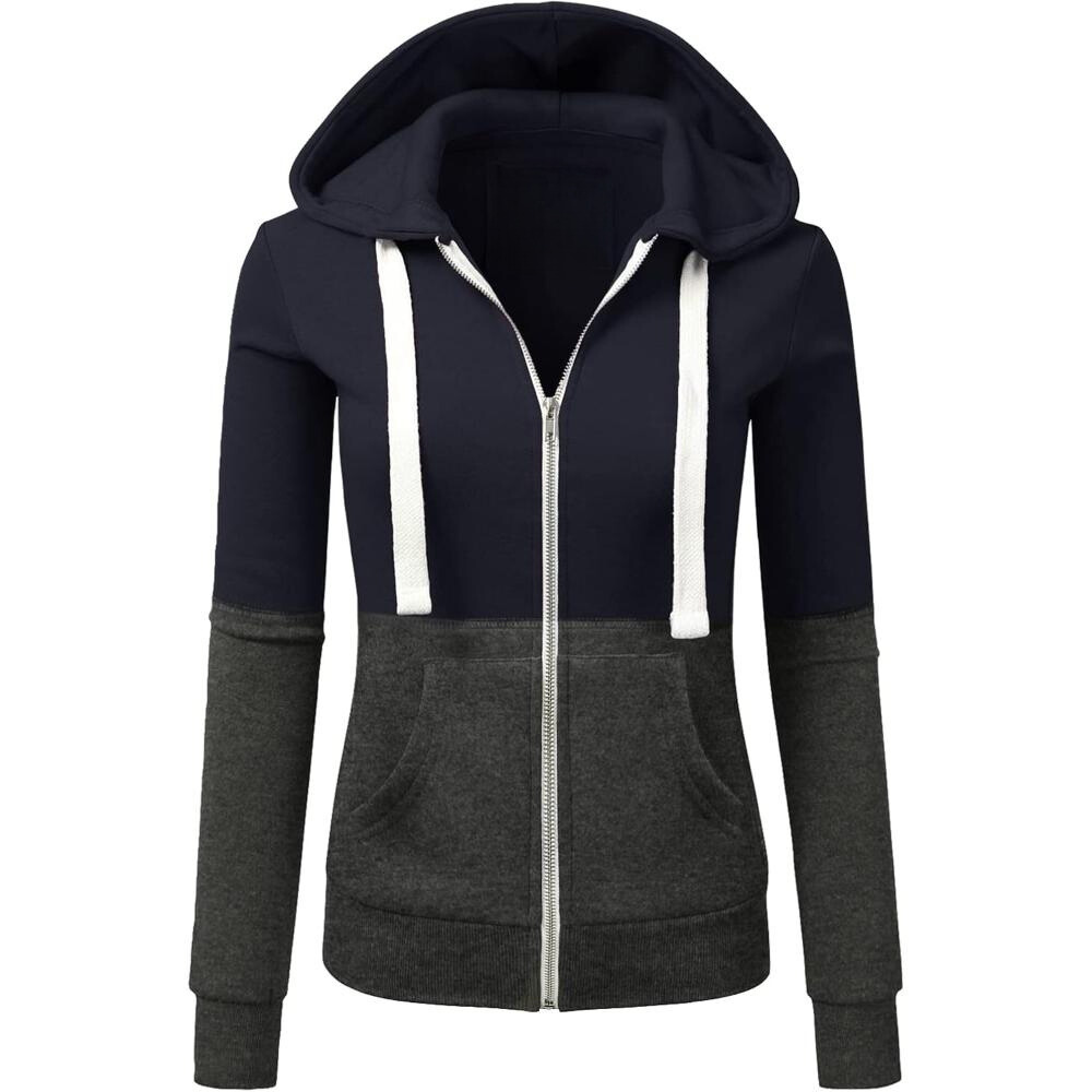 Full Zip Hooded Sweatshirt With Contrast Panel Design-My Comfy Blouse