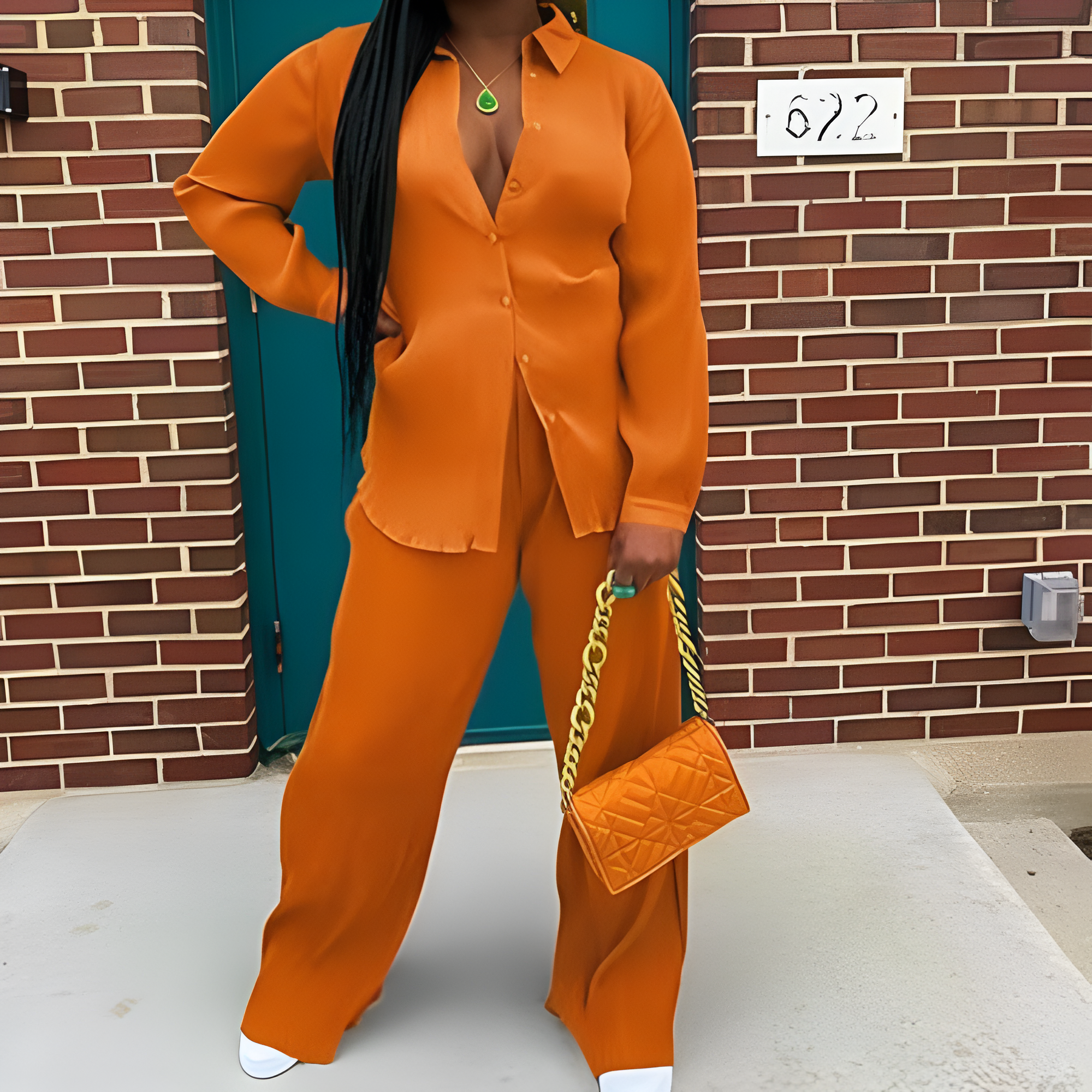 2 Piece Button Down Shirt And Pleated Pants Set For Women