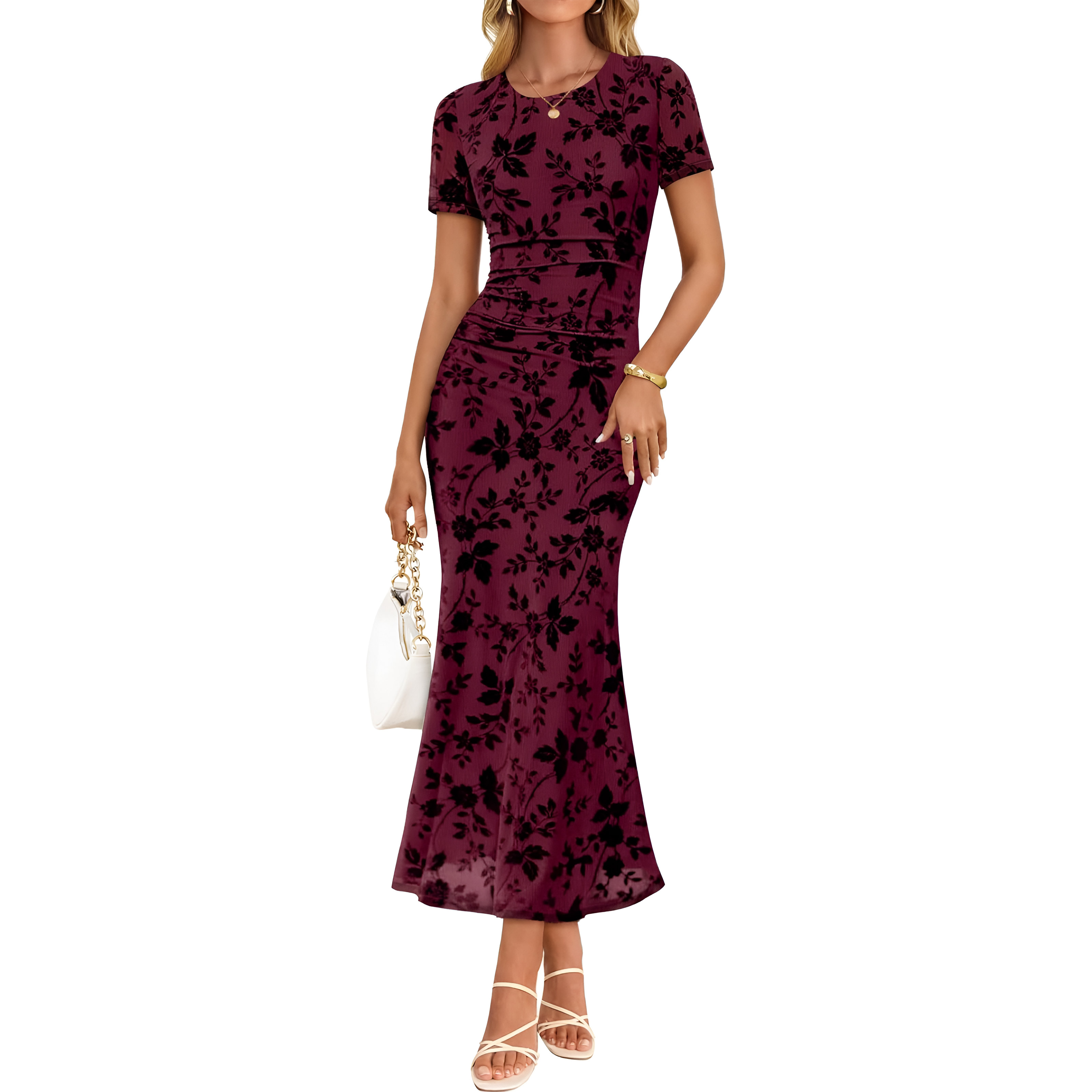 Summer And Floral Ruched Mesh Bodycon Maxi Dresses For Women